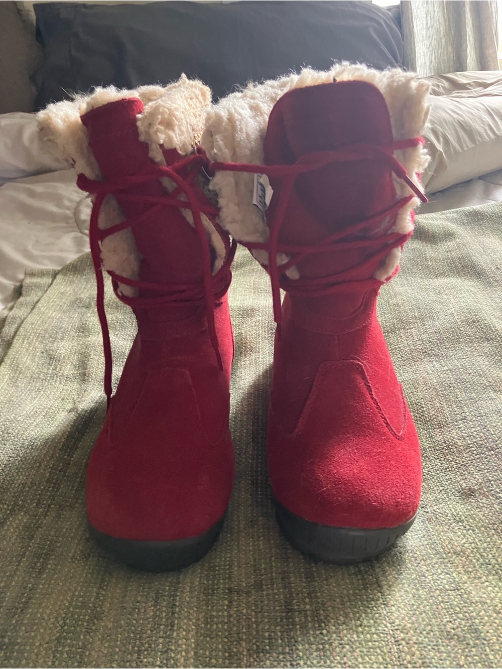 Red Faux-Suede Lace-Up Winter Boots with Shearling Trim